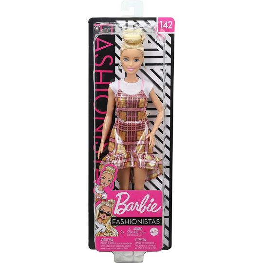 Mattel Barbie FASHIONISTAS DOLL 142 Blonde Updo Hair Pink Golden Plaid Dress GHW56 Mint Sell2BBNovelties Sell TY Beanie Babies Action Figures Barbies Cards Toys selling online